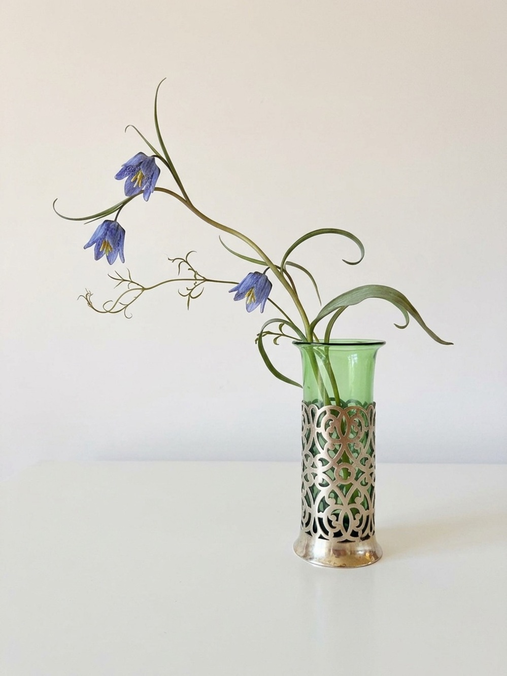Antique Edwardian Art Nouveau Hand-Blown Glass Bud Vase Silver in Plated Sleeve